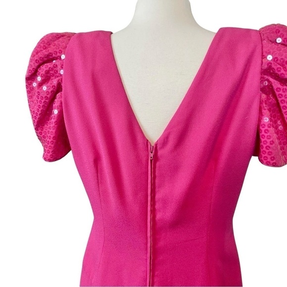 Vtg 80s Morton Myles Sequined Puff Sleeve Cocktail Dress Magenta Pink Size 12P - Picture 4 of 8
